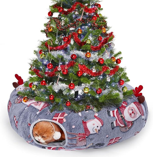 Christmas Cat Tunnel Bed, Under Christmas Tree Cat Tunnel with Washable Cushion, Cute Plush Christmas Cat Tunnel Tree Skirt with Dangling Balls, Cat Play Tunnel Toy Snowman Xmas Pattern Decorations