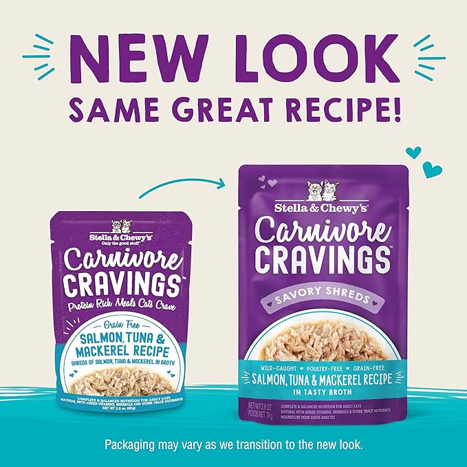 Stella & Chewy's Carnivore Cravings Wet Cat Food Pouches – Grain Free, Protein Rich Meal, Topper or Treat – Salmon, Tuna & Mackerel Recipe (2.8 Ounce Pouches, Case of 24)