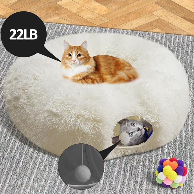 White Fluffy Warm Plush Cat Tunnel Bed, Soft Collapsible Multi-Combinations Cat Tube Playgound Toys, Cat Donut Tunnel for Indoor Cat Kitty Kitten Puppy Rabbit Ferret