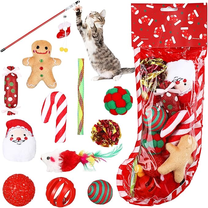 Christmas Cat Toys Stocking Set 12 Assorted Xmas Cat Toys Set with Squeaky Toys Balls Cat Teaser Fun Cat Toys Indoor Outdoor Interactivity Pet Kitten
