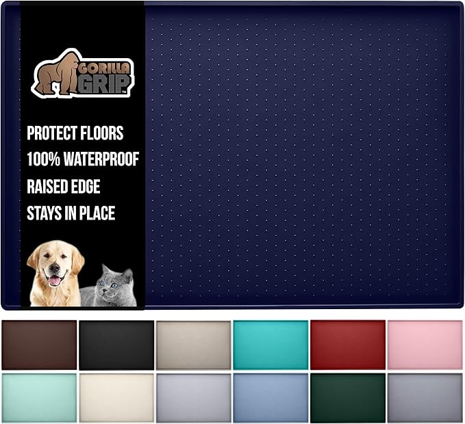 GORILLA GRIP 100% Waterproof Raised Edge BPA Free Silicone Pet Feeding Mat, Dog Cat Food Mats Contain Spills Protects Floors, Placemats for Cats and Dogs Water Bowl, Pets Accessories 16x10, Navy