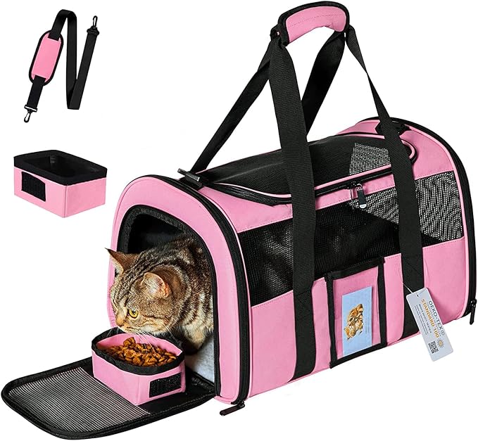 20" Large Cat Carrier Soft Sided Carrier for Cats Under 25 lbs, Folding Dog Carrier 20" Carrier for 2 Cats Travel Carrier -Large- Pink