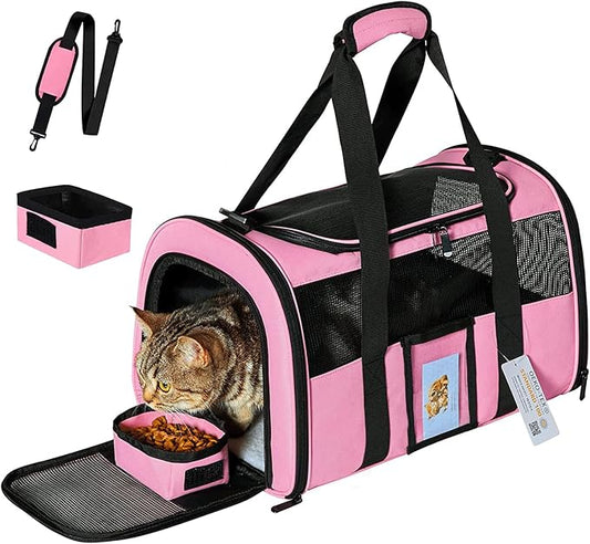 20" Large Cat Carrier Soft Sided Carrier for Cats Under 25 lbs, Folding Dog Carrier 20" Carrier for 2 Cats Travel Carrier -Large- Pink