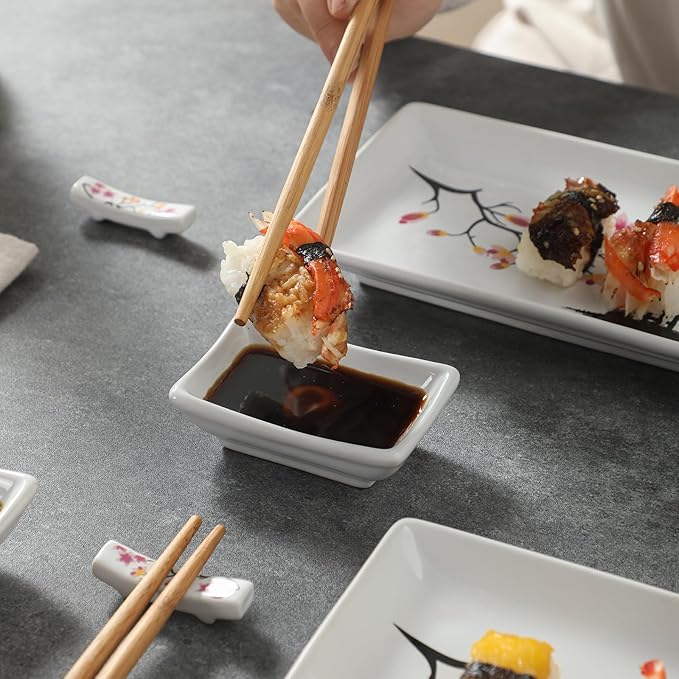8 pcs Japanese Sushi Plate Sets Serving Platters and Trays for Entertaining Sushi Dishes Set Plates Sushi Plates Traditional Cuisine Dinnerware Sets with Chopsticks Pink Sakura
