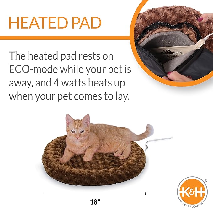 K&H Pet Products Heated Thermo-Kitty Fashion Splash Indoor Cat Bed, Orthopedic Foam Base Heated Bed for Dogs or Cats with Removable Waterproof Heater, Mocha Small 18 Inches Round
