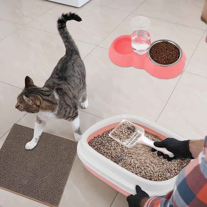 5 Pcs Small Cat Kitten Starter Kit Include Cat Litter Box with Shovel Cat Paw Litter Mat Scratch Pad Automatic Cat Bowls Turntable Cat Toys Balls Cat Essentials Kits for Cats Life(Pink)