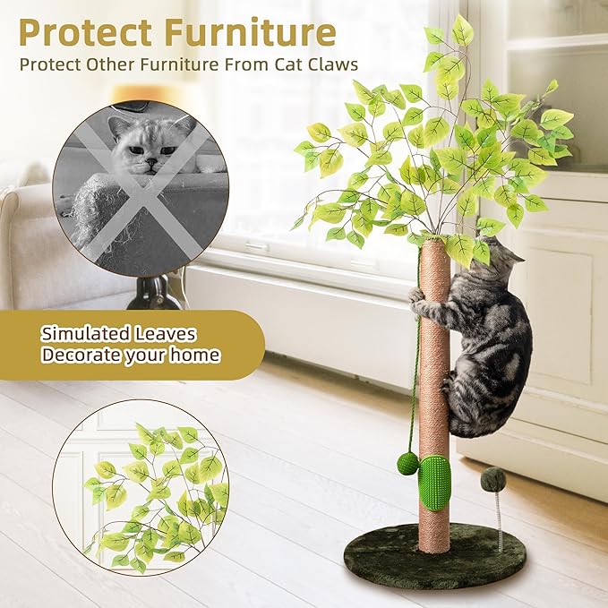 40" Tall Cat Scratching Post for Kitten and Large Cats, Durable Scratching Post for Indoor Cats with Self-Grooming Rubber Brush, Cat Sisal Post with Simulated Leaves