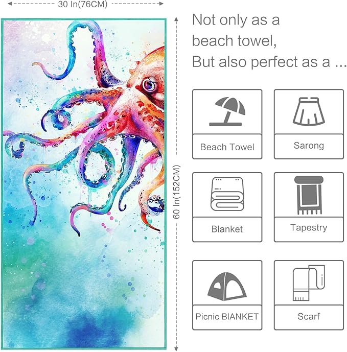CutebriCase Octopus Beach Towel, Kraken Ocean Beach Towel Cotton Blend Soft Velour Absorbent Nautical BeachTowel for Kids Men Women Camping Towel for Gym, Hiking, Pool, Bath, Yoga,Travel Vacation