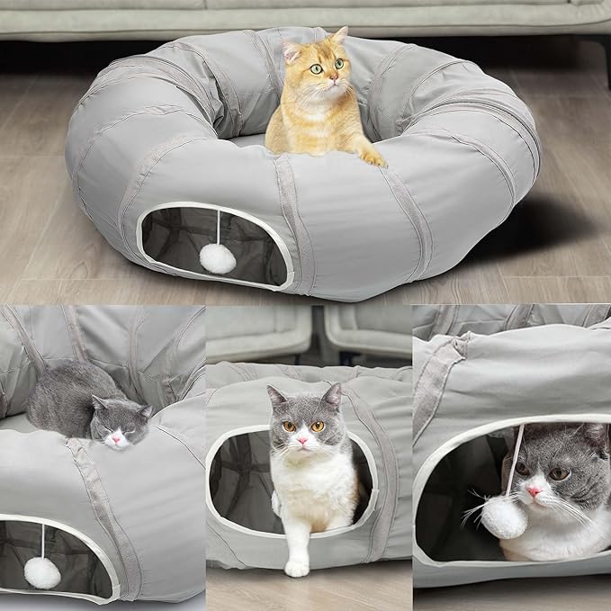 AUOON Cat Tunnel Bed with Central Mat,Big Tube Playground Toys,Soft Plush Material,Full Moon Shape for Kitten,Cat,Puppy,Rabbit,Ferret (Light Grey)