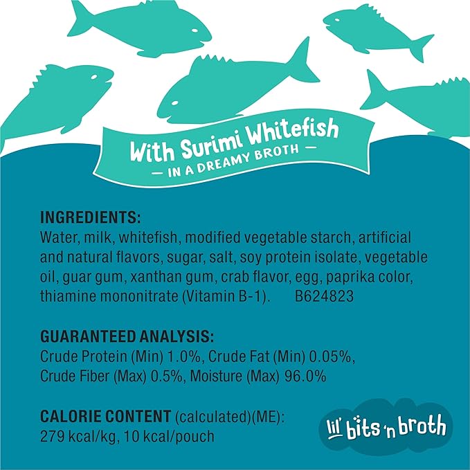 Purina Friskies Lickable Cat Food Toppers Bits ‘n Broth With Surimi Whitefish in a Dreamy Broth - (Pack of 16) 1.2 oz. Pouches