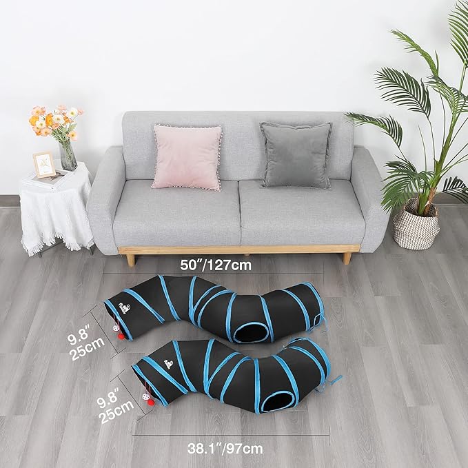 Pawaboo Cat Toys, Cat Tunnel Tube S-Shaped Tunnels 25x97cm Extensible Collapsible Cat Play Tent Interactive Toy Maze Cat House with Balls and Bells for Cat Kitten Kitty Rabbit Small Animal, Blue