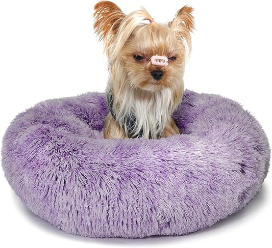 Purple and White Cat Bed for Indoor Cats Washable 15 inches Donut Soft Small Pet Bed,Calming Anti Anxiety Round Fits up to 5 lbs Warm Comfort Kitten Bed Indoor