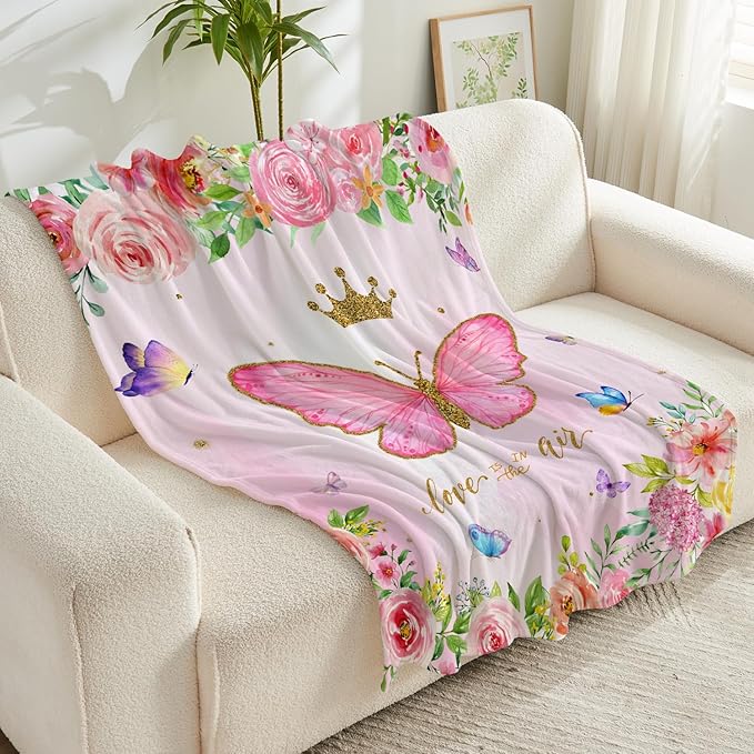 Butterfly Throw Blanket for Girls Teens Women Toddler Watercolor Blanket Soft Fuzzy Flannel Bed Blanket Plush Butterfly Birthday Gifts for Women Girls Mom Kids Teens Adults,60”x80”