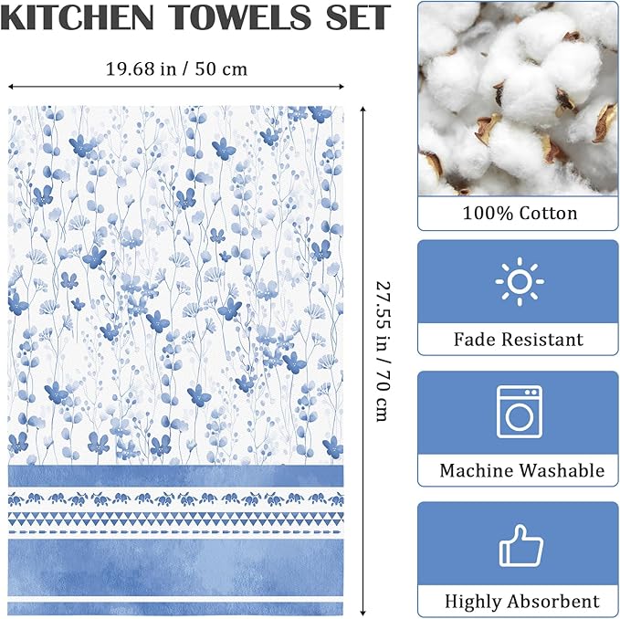 Blue Flower Tea Towels, 100% Cotton Kitchen Towel Set 20×27.5inch, Multi-Purpose Quick Dry Dish Towels Dishcloths Hand Towels Bar Towels(Set of 4)