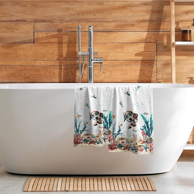 Funny Dog Hand Towels Set of 2 Teal Blue Sea Ocean Small Bath Towels Soft Absorbent Decorative Towels for Kitchen Dish Spa Yoga Guest