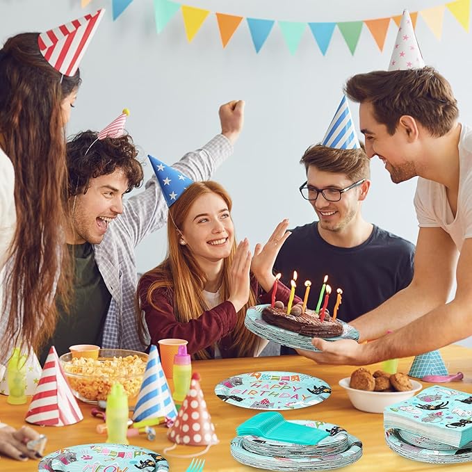 122 Pcs Cat Birthday Party Supplies Disposable Cat Themed Tableware Include 24 Dinner Plates 24 Dessert Plates 50 Paper Napkins 24 Forks Kitten Birthday Party Decoration for 24 Guests (Green)