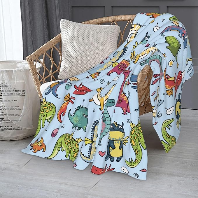 Kids Cute Dragon Print Blanket Throw 80"x60", Plush Flannel Blankets with Dragons, Soft Warm Decorative for Kids Women Adults