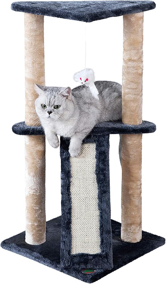 Go Pet Club Everyday Value 35in Corner Cat Tree Kitty Scratcher Tower Kitten Condo House Furniture with Scratching Board & Hanging Toys for Indoor Cats, Gray/Beige