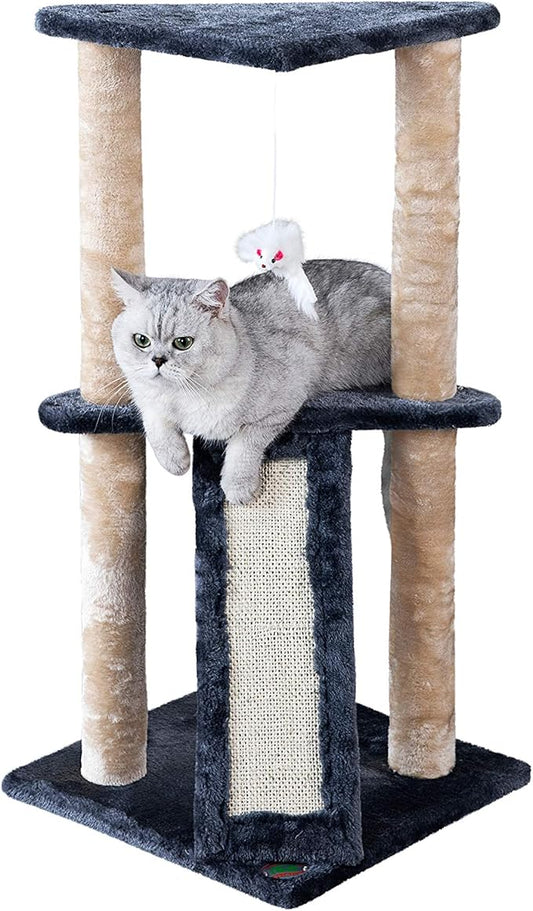 Go Pet Club Everyday Value 35in Corner Cat Tree Kitty Scratcher Tower Kitten Condo House Furniture with Scratching Board & Hanging Toys for Indoor Cats, Gray/Beige