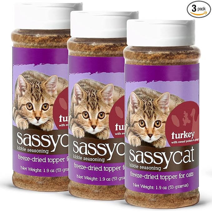 Herbsmith Sassy Cat Kibble Seasoning – Freeze Dried Turkey – Cat Food Topper for Picky Eaters – Turkey, Sweet Potato, Ginger [Bundle x3]