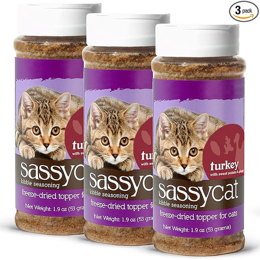 Herbsmith Sassy Cat Kibble Seasoning – Freeze Dried Turkey – Cat Food Topper for Picky Eaters – Turkey, Sweet Potato, Ginger [Bundle x3]