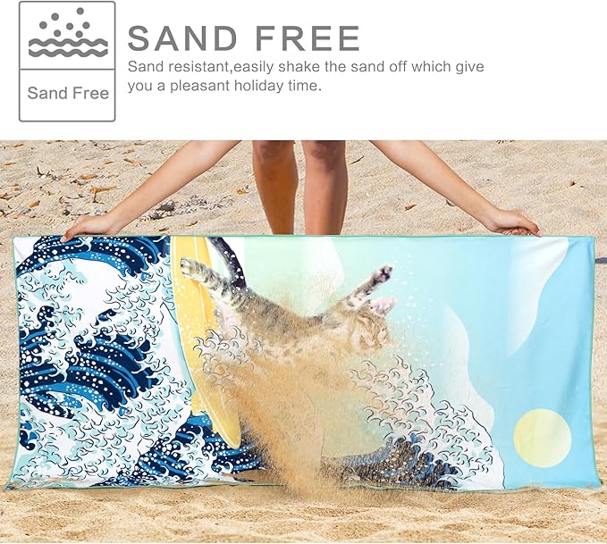 Funny Cat Beach Towel, Surfer Cat Beach Towel Battle Blue Ocean Great Wave Cotton Blend Soft Velour Absorbent for Kids Men Women Camping Towel for Gym, Hiking, Pool, Bath, Yoga,Travel Vacation