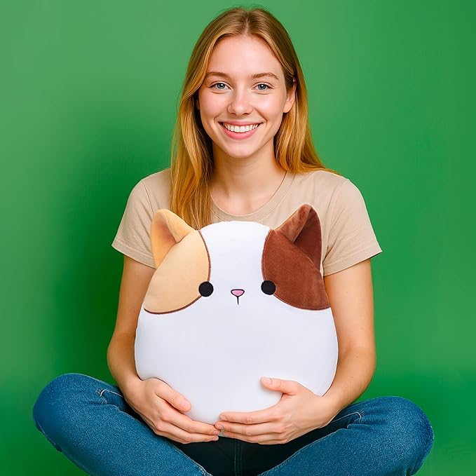 Original 12.5-inch Large Calico Cat Plush Pillow Stuffed Animal Toy,Big Size Cute Soft Fat Hugging Cuddle Huggable Plushie,Gift for Kids