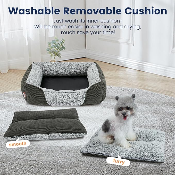 Miguel Washable Cat Beds for Indoor Cats with Removable Cushion, Easy to Wash Small Pet Sofa Bed with Side, Rectangle Bolster Kitten Bed Calming Cuddle Puppy Bed with Anti-Slip Bottom, Gray 18 Inch
