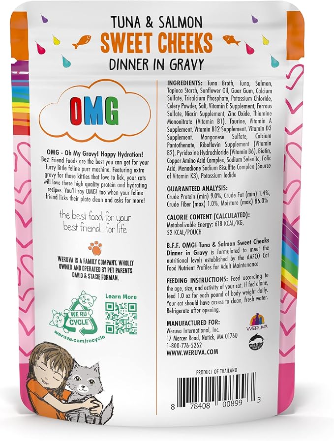 Weruva B.F.F. OMG - Best Feline Friend Oh My Gravy!, Tuna & Salmon Sweet Cheeks with Tuna & Salmon in Gravy Cat Food, 3oz Pouch (Pack of 12)