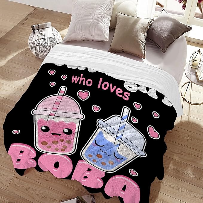 Blanket Plush Fleece Throw-Just A Girl Who Loves Kawaii Gift for Girls Kids Women Bubble Tea Stuffed Soft Lightweight Flannel Blankets Toddler Sheet for Sofa-50x60 Inches
