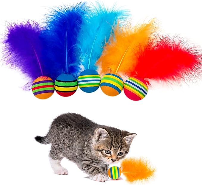 PET SHOW Pack of 5pcs 1.4” Cat Toys Balls Soft EVA Foam with Feathers Colorful Rainbow Toy Balls Interactive Kitten Cats Small Dogs Puppies Doggies Quiet Indoor Outdoor Play Activity Chase Training