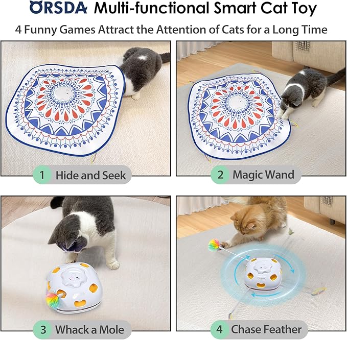 ORSDA Cat Toys, 4 in 1 Interactive Cat Toys for Indoor Cats, Automatic Cat Toy Electric Kitten Toys for Enrichment Hide and Seek, Chase The Feather, 8 Holes Mice Whack-A-Mole, Catch Magic Wand