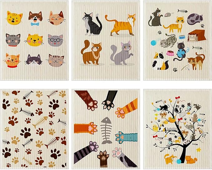 6 Pieces Cat Sweedish Dishcloth Dish Towels Durable Swedish Cleaning Cloths Absorbent and Fast Dry Kitchen Towels Cats Cleaning Cloths for Kitchen Bathroom Office Wedding Housewarming