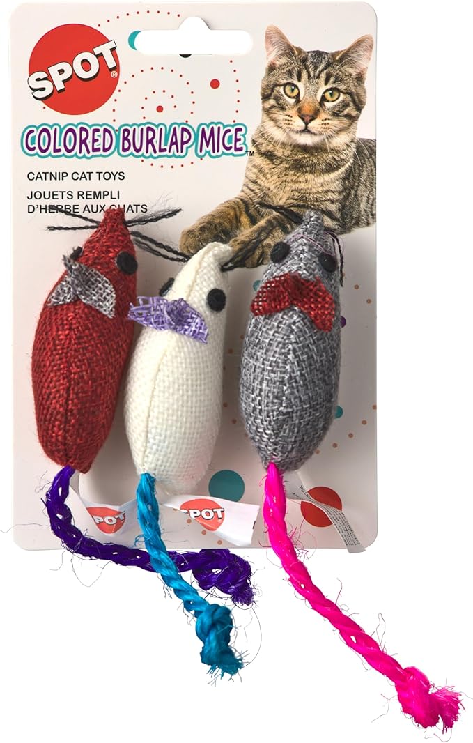 Ethical 3-Inch Burlap Mice Cat Toys in Assorted Colors, 3-Pack