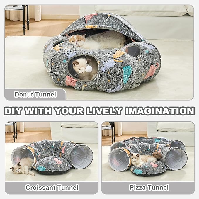 JIUPETY Cat Tunnel Bed with Soft Plush Mat, Collapsible Tube Playground, Cat Cave Bed Tunnel for Indoor Cats, Kitten, Rabbit, Ferret, Fluffy Plush Material, Includes Dangling Balls, Cave Grey B