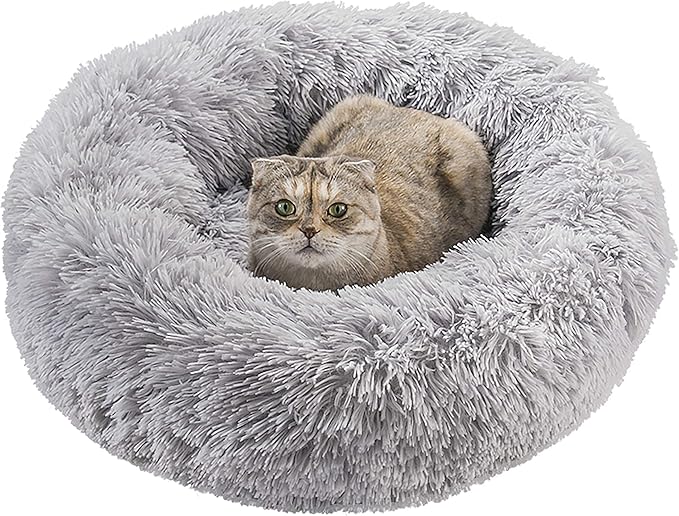 Calming Cat Beds for Indoor Cats, Anti Anxiety Round Fluffy Plush Faux Fur Cat Bed, Washable 23 inches Small Dog Bed & Cat Bed