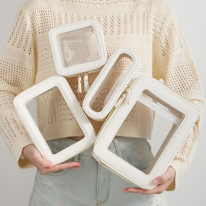 Aveniee Large Clear Makeup Bag Cosmetic bags, Travel Toiletry Bag for Women, Clear Make up Bag Case, Chic Makeup Pouch with Transparent Vinyl Windows & Gold Zippers(White)