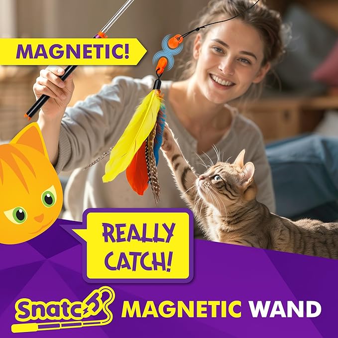 Snatch - Magnetic Cat Wand Toy - Telescoping, Durable Cat Feather Toy - Cat Fishing Pole Toy - Teaser Wand String Toy - Heavy Duty Cat Stick Toy - Cats Can Really Catch!