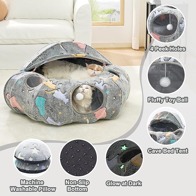 JIUPETY Cat Tunnel Bed with Soft Plush Mat, Collapsible Tube Playground, Cat Cave Bed Tunnel for Indoor Cats, Kitten, Rabbit, Ferret, Fluffy Plush Material, Includes Dangling Balls, Cave Grey B