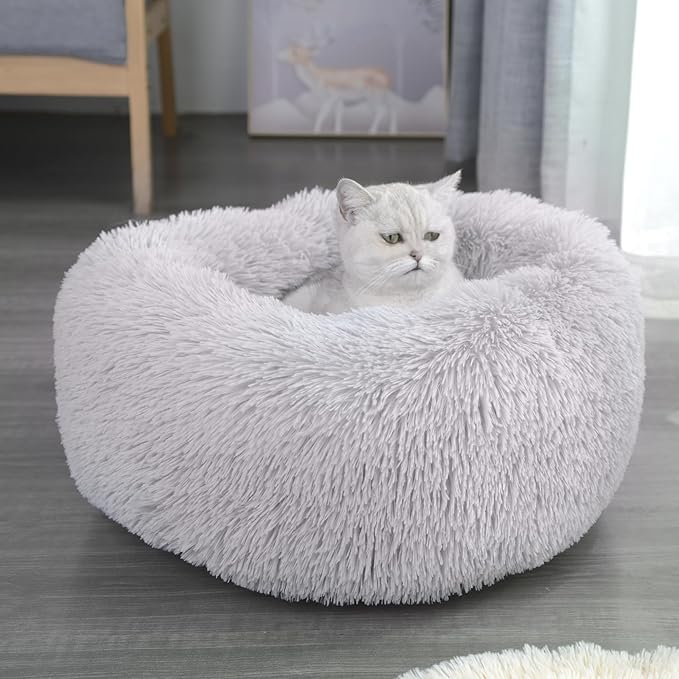 Calming Dog Bed for Cats and Small Dogs, Donut Washable Small Cat Bed for Indoor Cats and Dogs, Anti-Slip Round Fluffy Plush Faux Fur Pet Bed for Small Cats and Dogs (Grey, 15.7'')