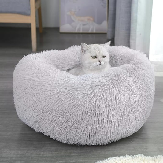Calming Dog Bed for Cats and Small Dogs, Donut Washable Small Cat Bed for Indoor Cats and Dogs, Anti-Slip Round Fluffy Plush Faux Fur Pet Bed for Small Cats and Dogs (Grey, 15.7'')