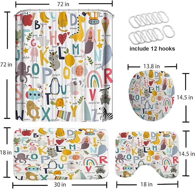 Cartoon Animal Alphabet Shower Curtain Sets, 4 Pcs Kids Educational Graphic ABC Learning Shower Curtain for Bath Curtain Set with Rugs,Cartoon Fun Facts Geography, with 12 Hooks(72X72in)