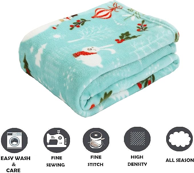 Elegant Comfort Luxury Velvet Super Soft Christmas Prints Fleece Blanket-Holiday Theme Home Décor Fuzzy Warm and Cozy Throws for Winter Bedding, Couch and Gift, 50 x 60 inch, Santa Snowman Teal