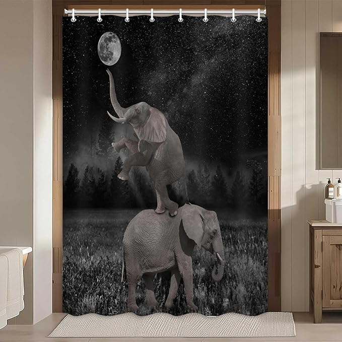 Boziqr Funny Shower Curtains for Bathroom, Cute Elephant Moon Forest Bath Curtain, Rustic Farmhouse Decor Polyester Fabric Fun Cool Animals Black 47 x 64 Inches
