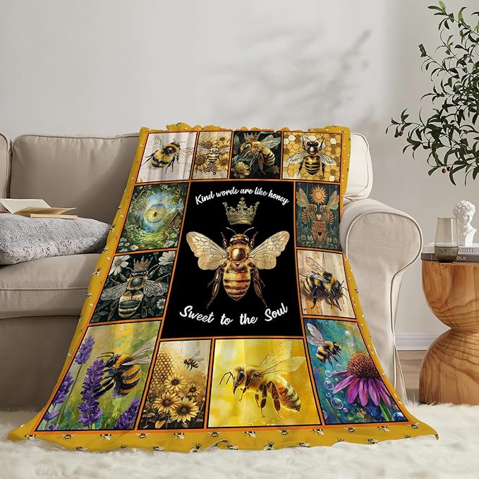 Bee Blanket Ultra Soft Cozy Bee Queen Throw Blanket Fleece Fuzzy Plush Bee Honey Blanket Decor Gifts for Women Girls Adults Couch Sofa 60"x50"