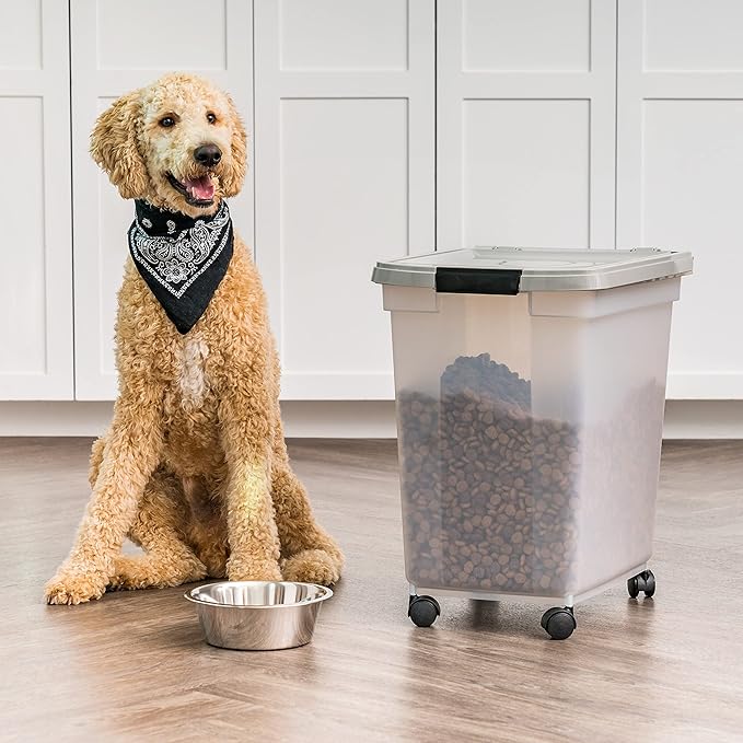 IRIS USA 50 Lbs WeatherPro Airtight Pet Food Storage Container with Removable Casters, for Dog Cat Bird and Other Pet Food Storage Bin, Keep Fresh, Clear/Gray