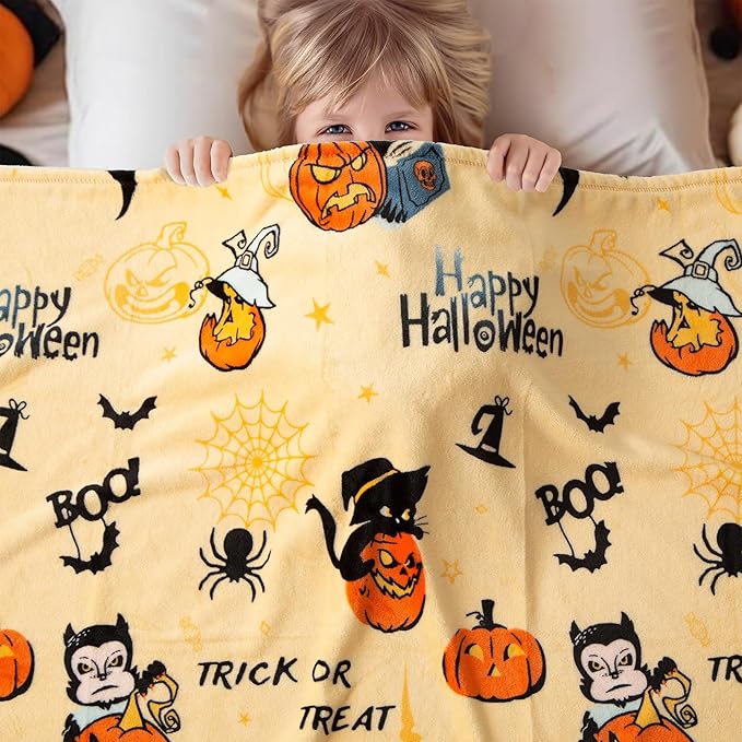 Pumpkin Reversible Fleece Throw Blanket, 50' x 70', Happy Halloween Print, 320 GSM Super Soft Warm Cozy Blanket for Couch Sofa, Orange Home Decor