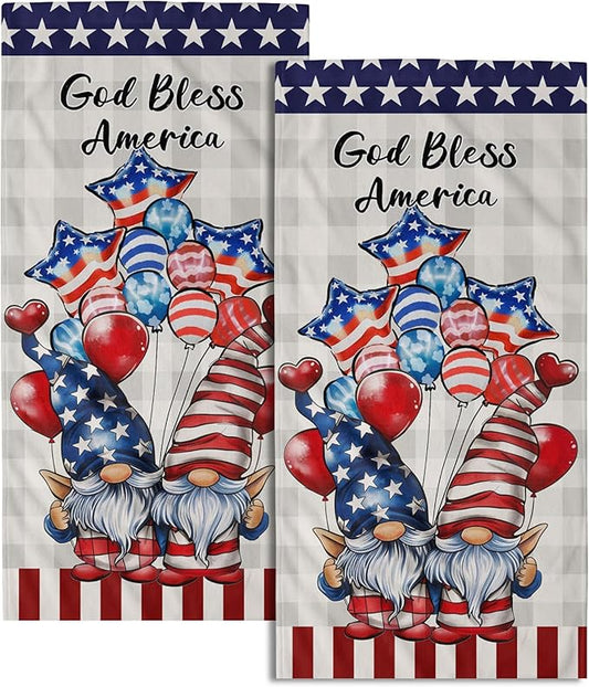 Patriotic Gnomes Hand Towels Set of 2 American Flag Kitchen Dish Towel Star Balloon Soft Microfiber Face Towel for Bathroom Home Decor