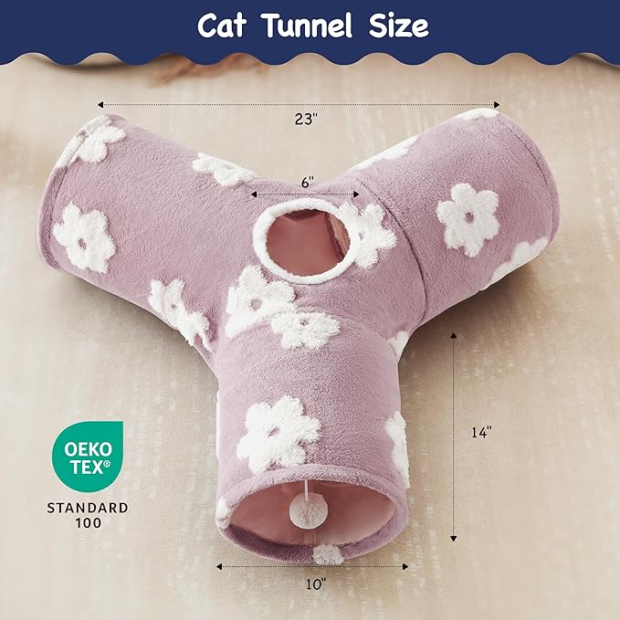 Tempcore Flannel Pet Cat Tunnel Tube Cat Toys 3 Way Collapsible, Cat Tunnels for Indoor Cats，Kitty Tunnel Bored Cat Pet Toys Peek Hole Toy Ball Cat, Puppy, Kitty, Kitten, Rabbit Daisy Burlwood