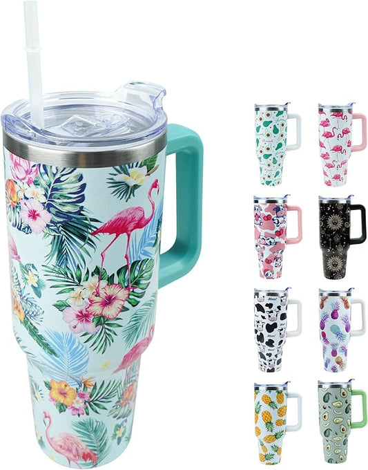 40 oz Tumbler with Handle and Straw, Stainless Steel Insulated Cup with Leak Proof Lid and Straw Lid, Keep Drinks Cold and Hot for Hours(Flamingo)